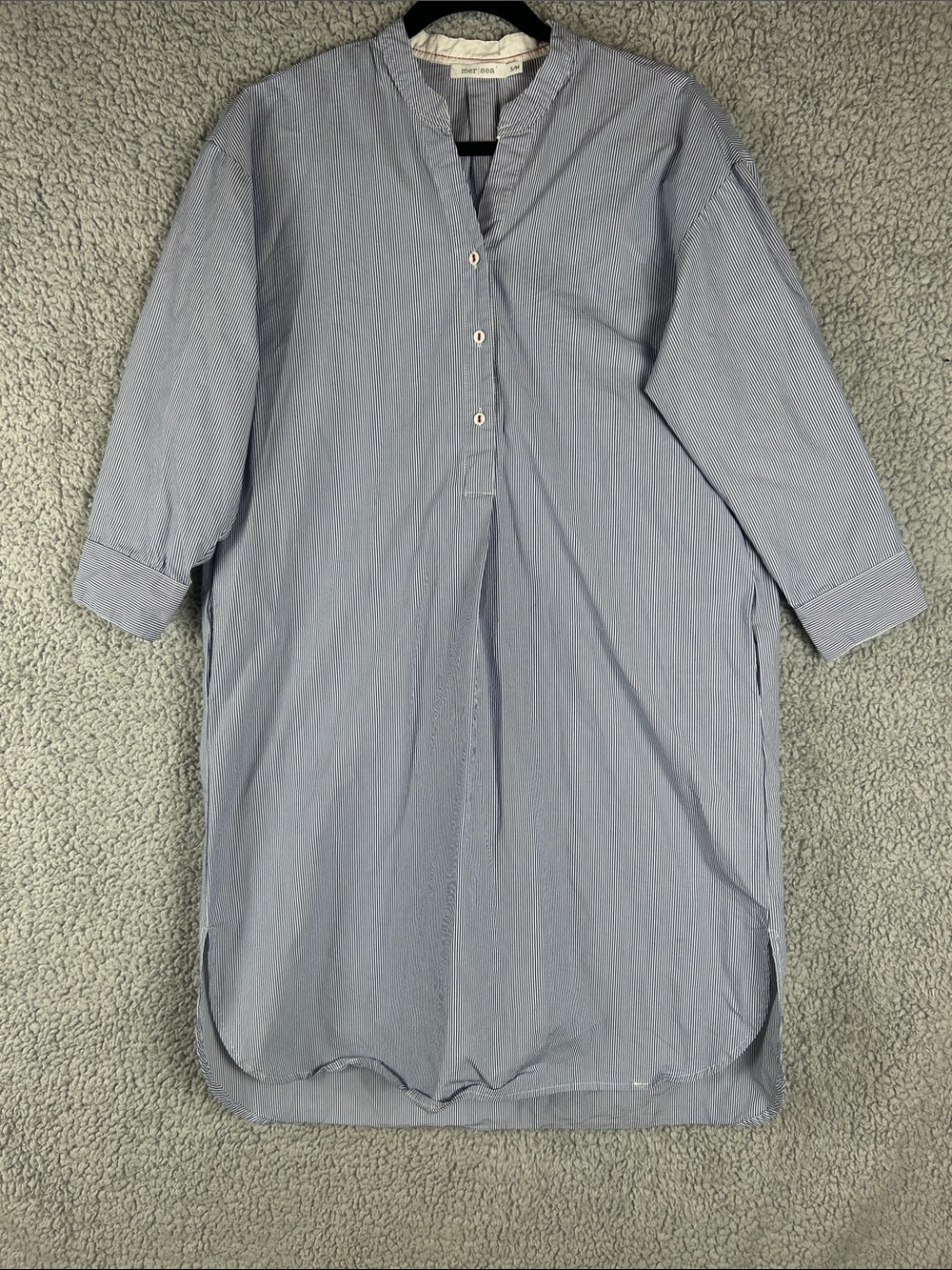 Like New Mersea Button Front Striped 3/4 Sleeves Blue White Shirt Dress Size S/M